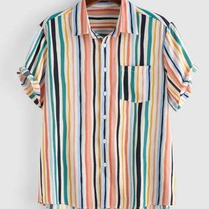 ZAFUL Colorful Striped Pattern Button Down Shirt - White L